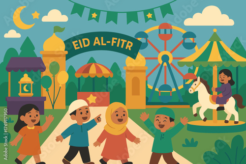 Colorful eid celebration with kids at amusement park in flat design