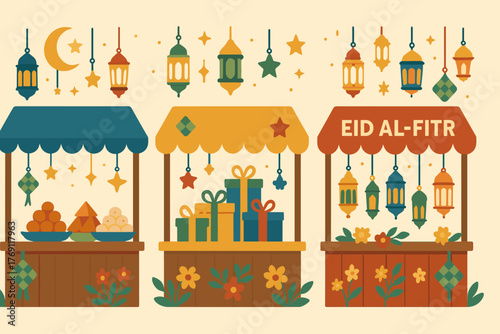 Flat design of festive eid al-fitr market stalls with lanterns and gifts