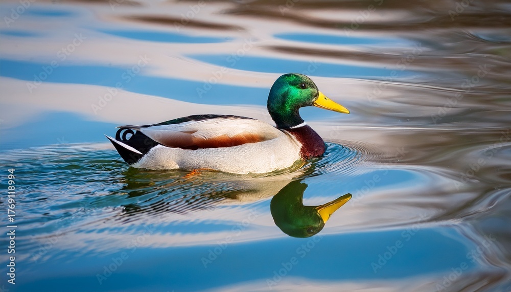 Obraz premium Male Mallard Duck Portrait Of A Duck With Reflection In Clean Lake Water In Krakow Poland