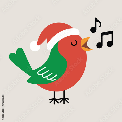 Cute cartoon robin wearing santa hat singing festive christmas carols joyful holiday song