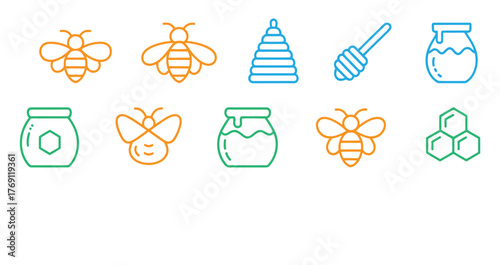 Honey and beekeeping line and flat icons vector set with editable stroke. Bee, beehive, honeycomb, honey, jars, hive, spoons, flowers icons collection on white background. Vector illustration
