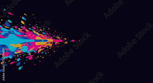 A vibrant explosion of colorful paint splatters streaks dynamically across a dark background, creating an energetic and modern abstract design.