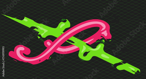 Vibrant neon green and hot pink liquid forms intertwine dynamically on a dark isometric grid, creating a striking abstract visual.