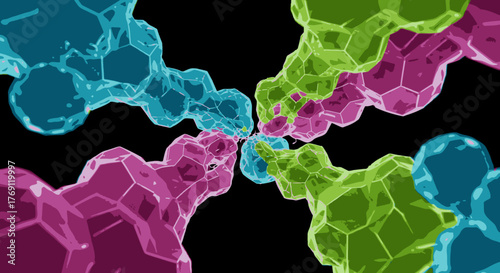 Abstract geometric crystalline forms in blue, green, and purple create an interconnected network against a deep black background, symbolizing data.