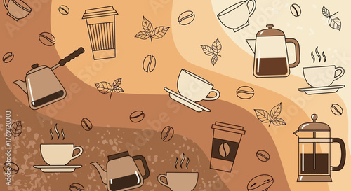 Illustration featuring coffee-related elements, including cups, beans, and brewing equipment, in a warm color palette.