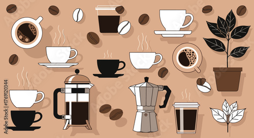 A collection of various coffee brewing methods and cups, including a French press, Moka pot, and coffee beans, set against a warm, neutral background.