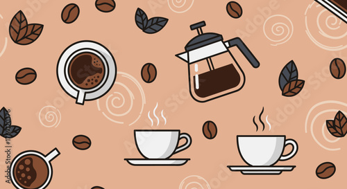 A seamless pattern design featuring various coffee cups, steaming beverages, coffee beans, a French press, and decorative leaves on a light brown background.