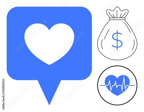 Heart inside message balloon, dollar money bag, heartbeat monitor. Ideal for health, charity, fitness, finance, social media online giving economy concepts. Simple flat metaphor