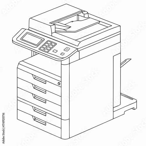 Detailed line art illustration of a modern office printer