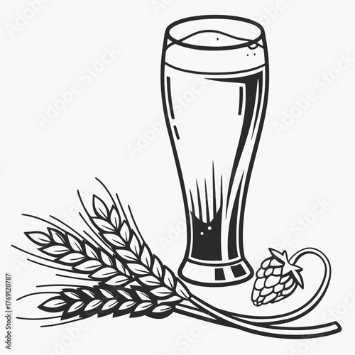 Illustration of a beer glass with wheat and hop