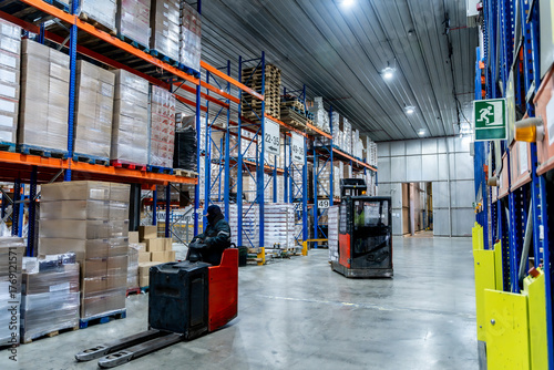 Bild auf Leinwand Workers operating forklifts in cold storage logistics warehouse