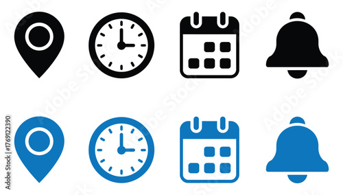 Set of simple notification icons location pin clock calendar and bell flat vector glyph design elements isolated on white background