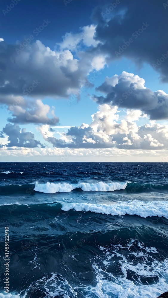 Fototapeta premium Dramatic ocean waves rolling under a cloudy sky