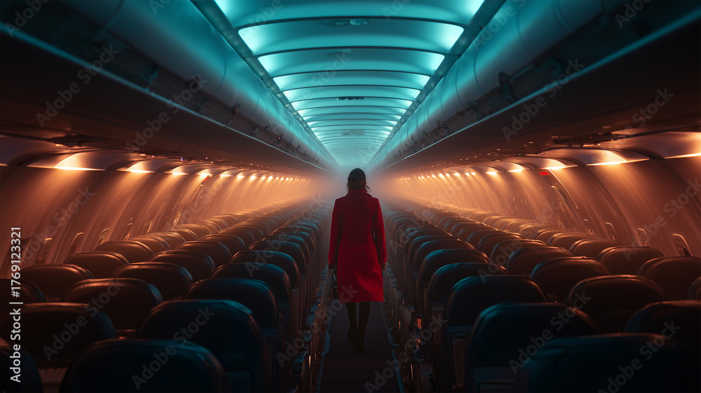 Fototapeta premium 機内アイルを歩く旅人の情景描写