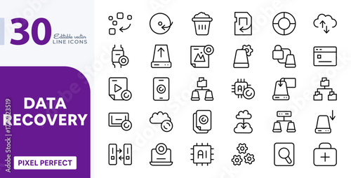 Data Recovery line icon set. Backup, cloud storage, computer, database, restore, protection, data transfer, security, and outline icon collection