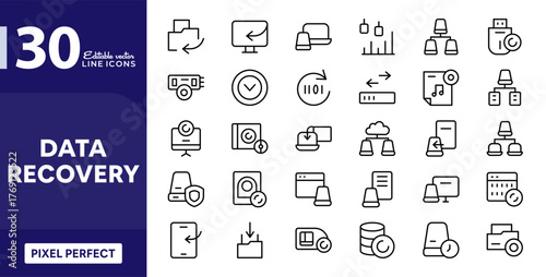 Data Recovery line icon set. Backup, cloud storage, database, server, restore, protection, data transfer, security, network, vector thin outline icons