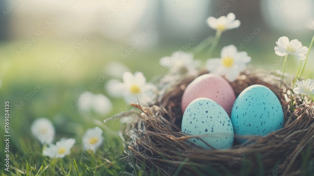 Obraz premium Colorful Easter eggs nestled in a nest among flowers on sunny spring day