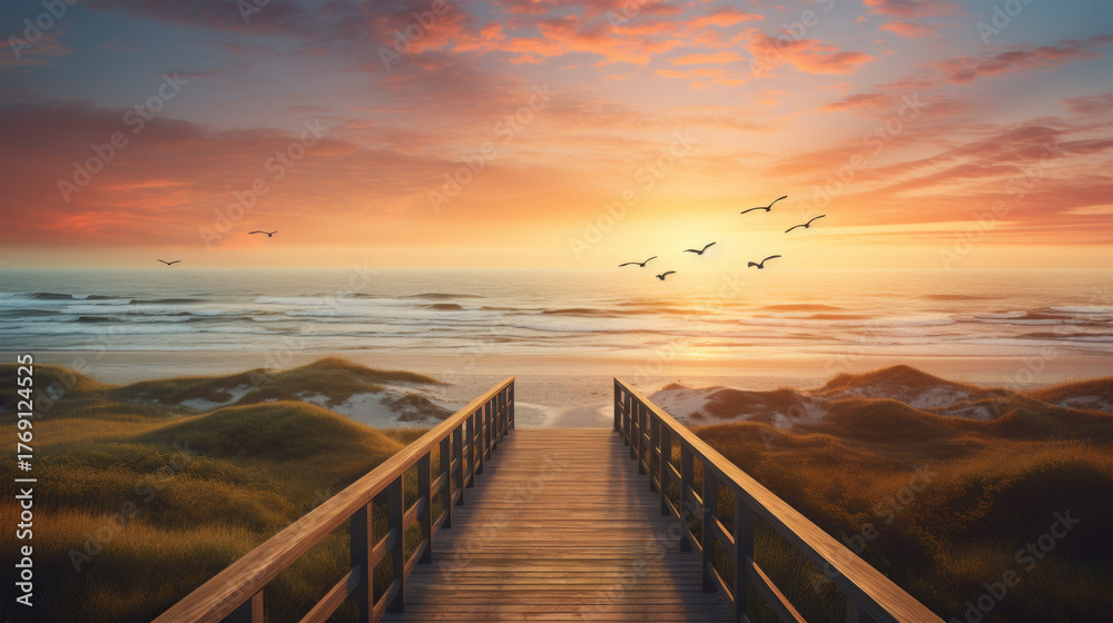 Fototapeta premium Wooden path to beach at sunset view 