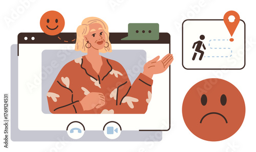 Woman speaking during online video call in a web browser window, accompanied by happy and sad emoticons and a navigation path pin. Ideal for remote work, guidance, feedback, emotions, user