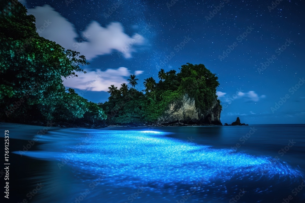 Fototapeta premium Nocturnal beach scene with bioluminescent organisms.