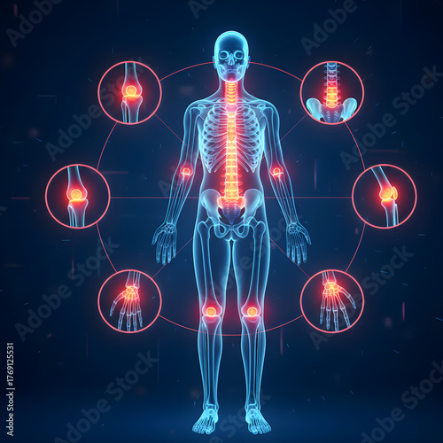Anatomical illustration of the human skeletal system with highlighted joints and pain points, showcasing potential areas of discomfort and injury in a futuristic medical context