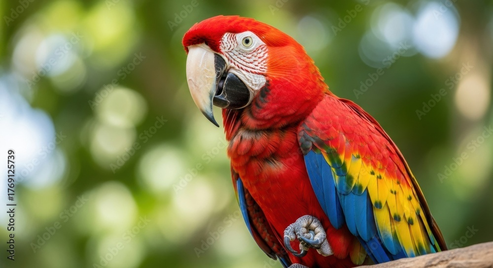 Obraz premium Vibrant Scarlet Macaw Portrait: Striking Plumage Against Soft Green Bokeh Background