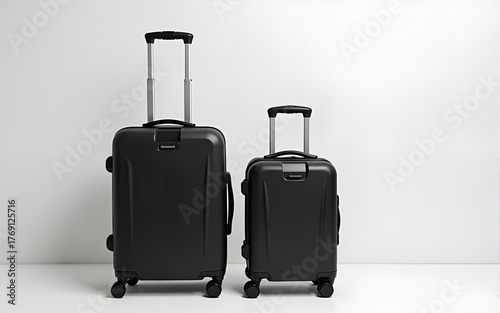 Travel luggage set, big and small suitcase, baggage set in black and white classic colors, front view. Journey traveling luggage design, modern style, tourism background. Plastic suitcases, carry on.