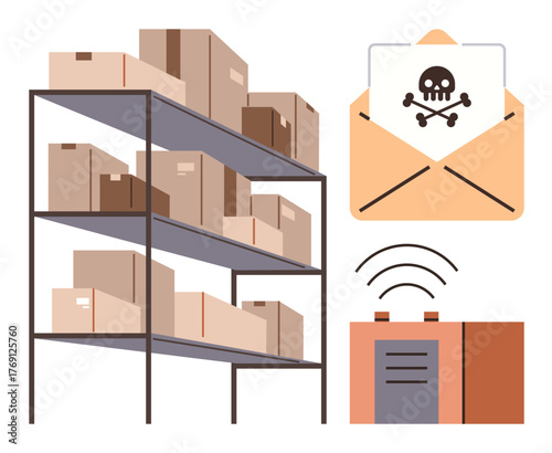 Racks of cardboard boxes, alert email with malware sign, and server emitting signals. Ideal for cybersecurity, data breach, hacking, logistics, e-commerce, storage security network protection