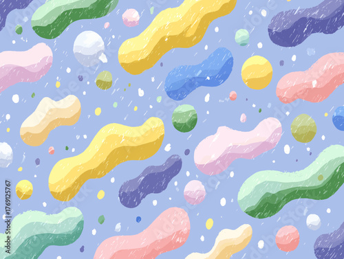 Fundo abstrato com formas orgânicas coloridas e texturizadas em um padrão lúdico e vibrante