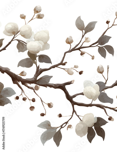 Delicados ramos floridos em aquarela com flores brancas e folhas em tons terrosos sobre fundo branco
