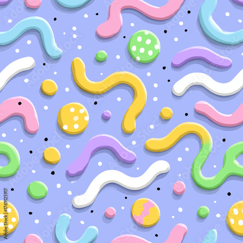 Padrão abstrato com formas orgânicas coloridas e pontos sobre fundo lilás