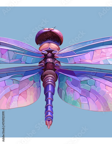 Ilustração vetorial detalhada de uma libélula com asas coloridas em tons pastel sobre fundo azul claro.