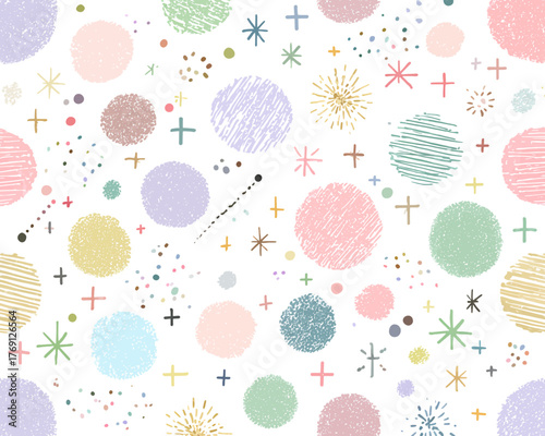 Padrão de vetor de bolinhas e estrelas coloridas em aquarela, com textura de rabisco, para design infantil.