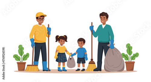 Community clean-up event adults and children participating in environmental conservation with brooms and trash bags