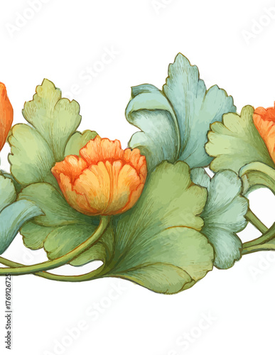 Borda floral decorativa com flores de papoula laranja e folhas verdes em aquarela, vetor