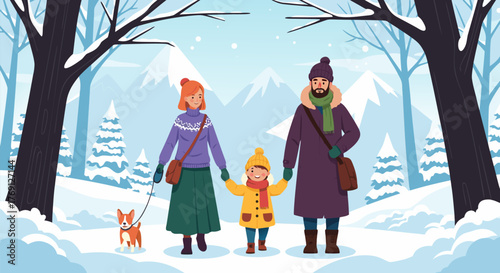 Family Winter Walk Exploring a Snowy Landscape with Child and Dog, Embracing Winter Adventures