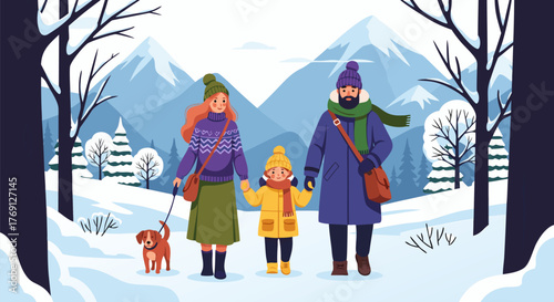 Family Winter Walk in Snowy Landscape Embracing Cold Weather and Mountain Scenery Together