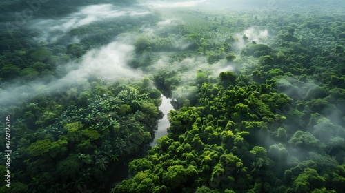 International Day for Biosphere Reserves. aerial view of tropical rainforest biosphere reserve, dense canopy with emergent trees, winding river cutting through pristine jungle, biodiversity hotspot