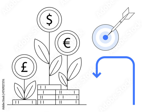 Currency plants growing from coin stacks, blue arrow curve symbolizing redirection, dart hitting target. Ideal for finance, investment, growth, goal-setting, wealth, strategy optimization simple