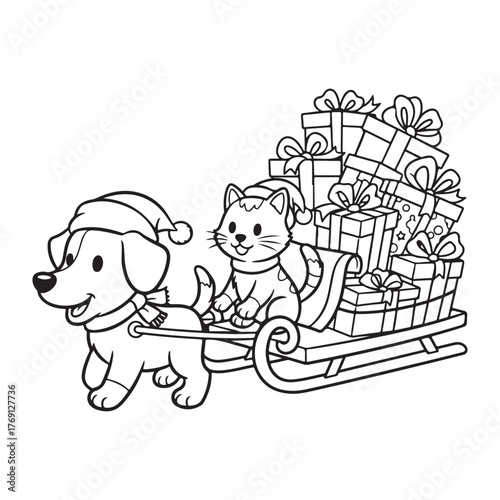 Dog pulling cat on sleigh filled with christmas gifts
