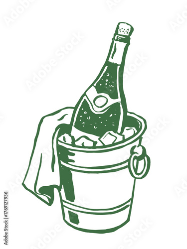 champagne bottle in ice bucket brush sketch vector illustration