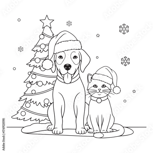 Dog and cat with christmas tree coloring page outline