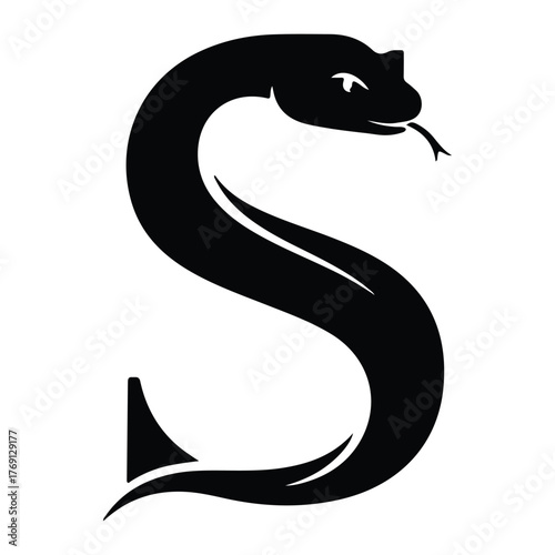 A black snake shaped like the letter s on a white background