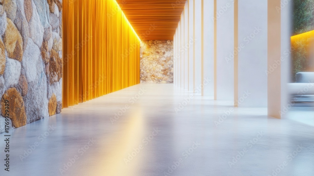 Obraz premium Modern interior with warm lighting and stone accents creates inviting atmosphere