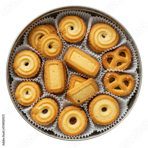 Open silver tin, assorted golden-brown Danish butter cookies in white fluted cups, top-down on white background, copy space, delicious snack concept