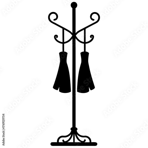 Black silhouette of a coat rack with two dresses hanging on it