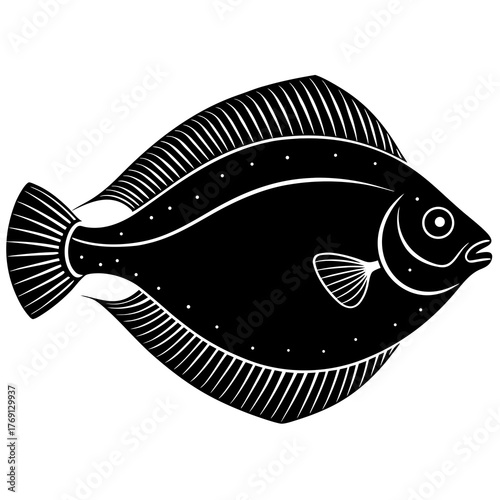 Black silhouette of a flounder fish on a white background