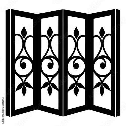 Black ornamental folding screen with elegant scrollwork design