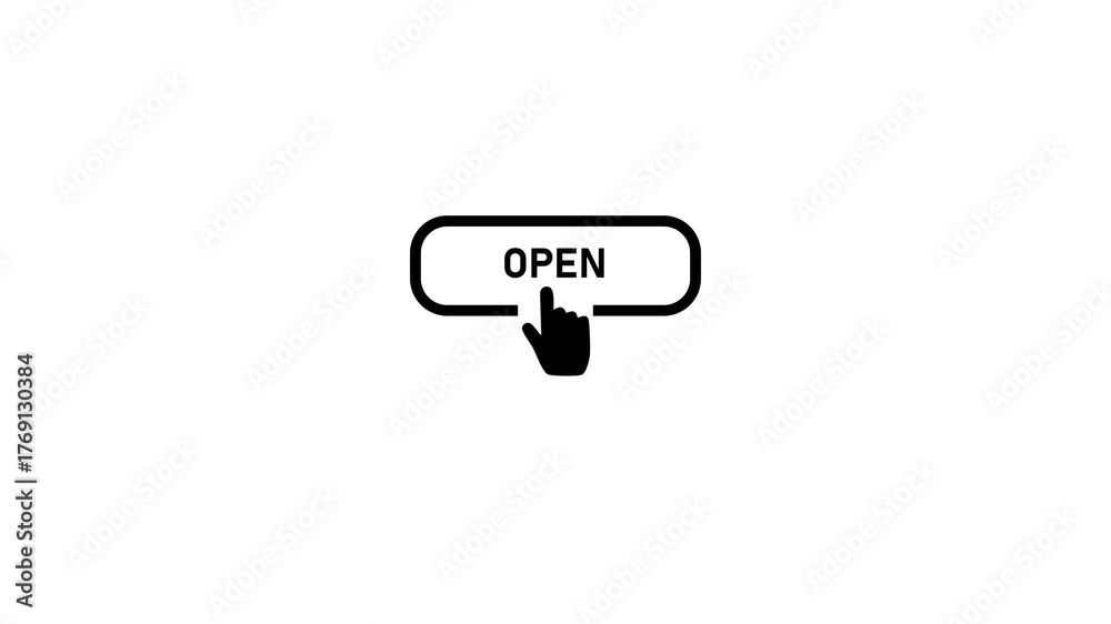 OPEN button click icon. Digital hand cursor clicking 
