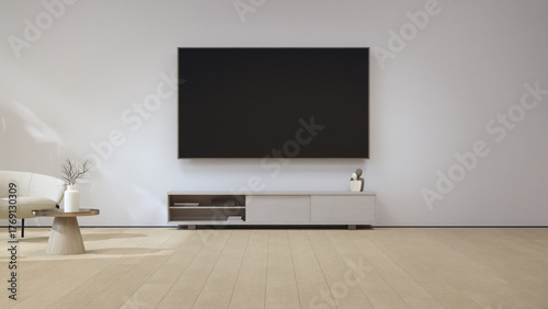 3d rendering of smart tv mockup in minimalist living room with modern armchair and white beige media console. Clean bright wall shows copy space for place your design at cozy interior.
